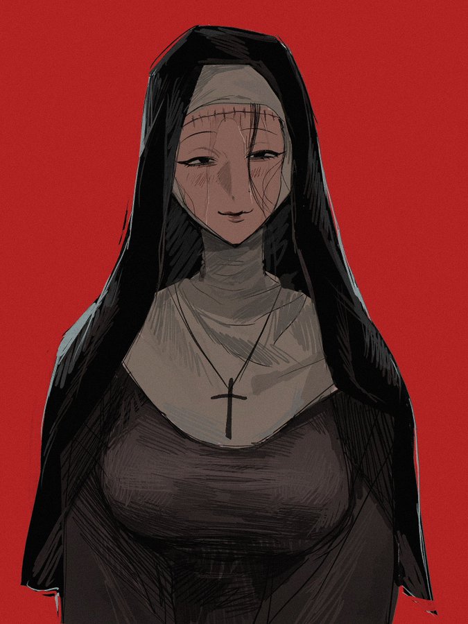 1girl black_eyes black_hair breasts cross cross_necklace fallsoki habit itadori_kaori jewelry jujutsu_kaisen kenjaku light_blush light_smile necklace nun red_background stitches traditional_nun wet_face