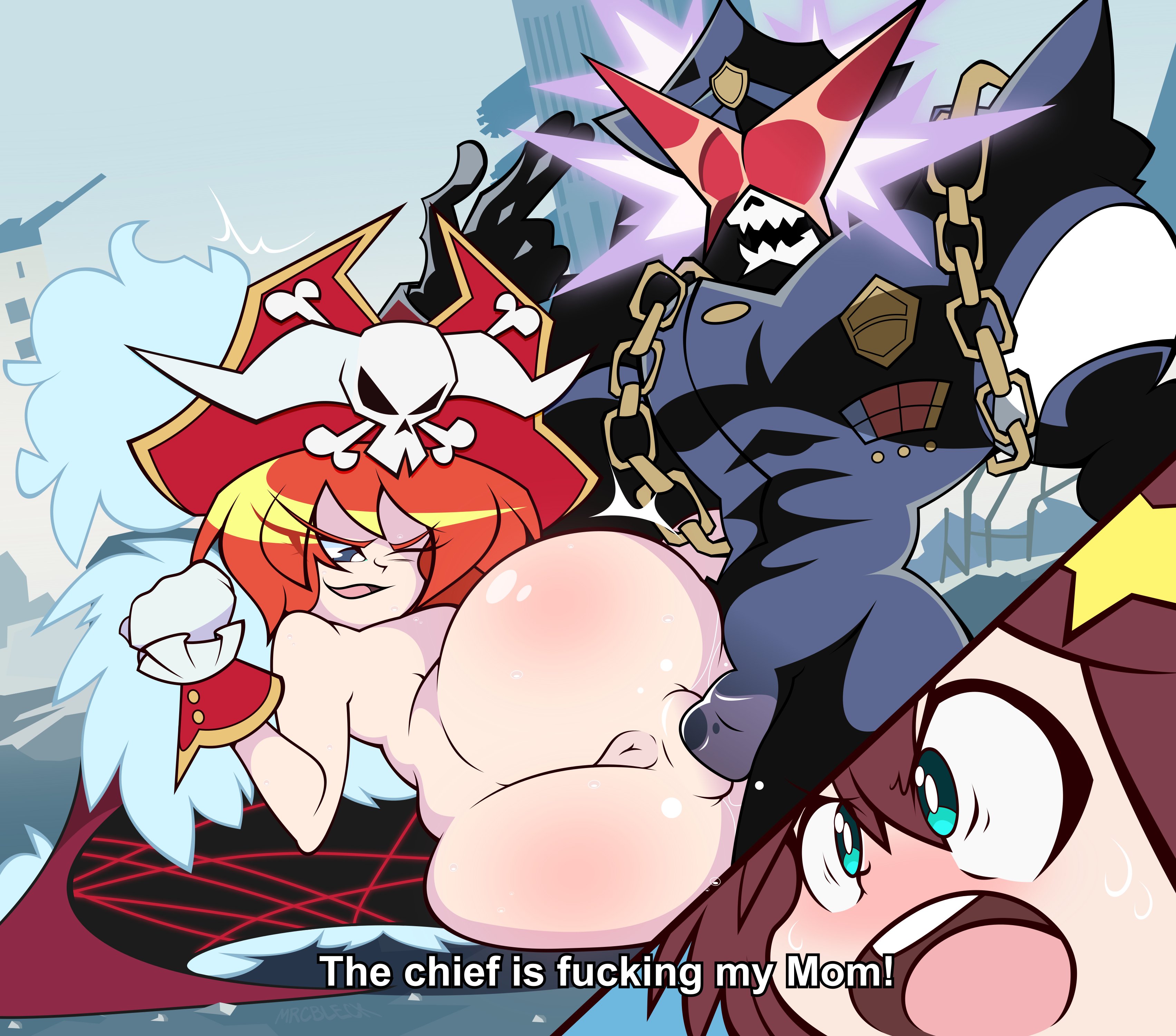 1boy 2girls absurdres anus ass blue_eyes breasts brown_hair english_text glasses highres huge_ass lalaco_godspeed luluco mrcbleck multiple_girls orange_hair over_justice sex skull skull_head uchuu_patrol_luluco