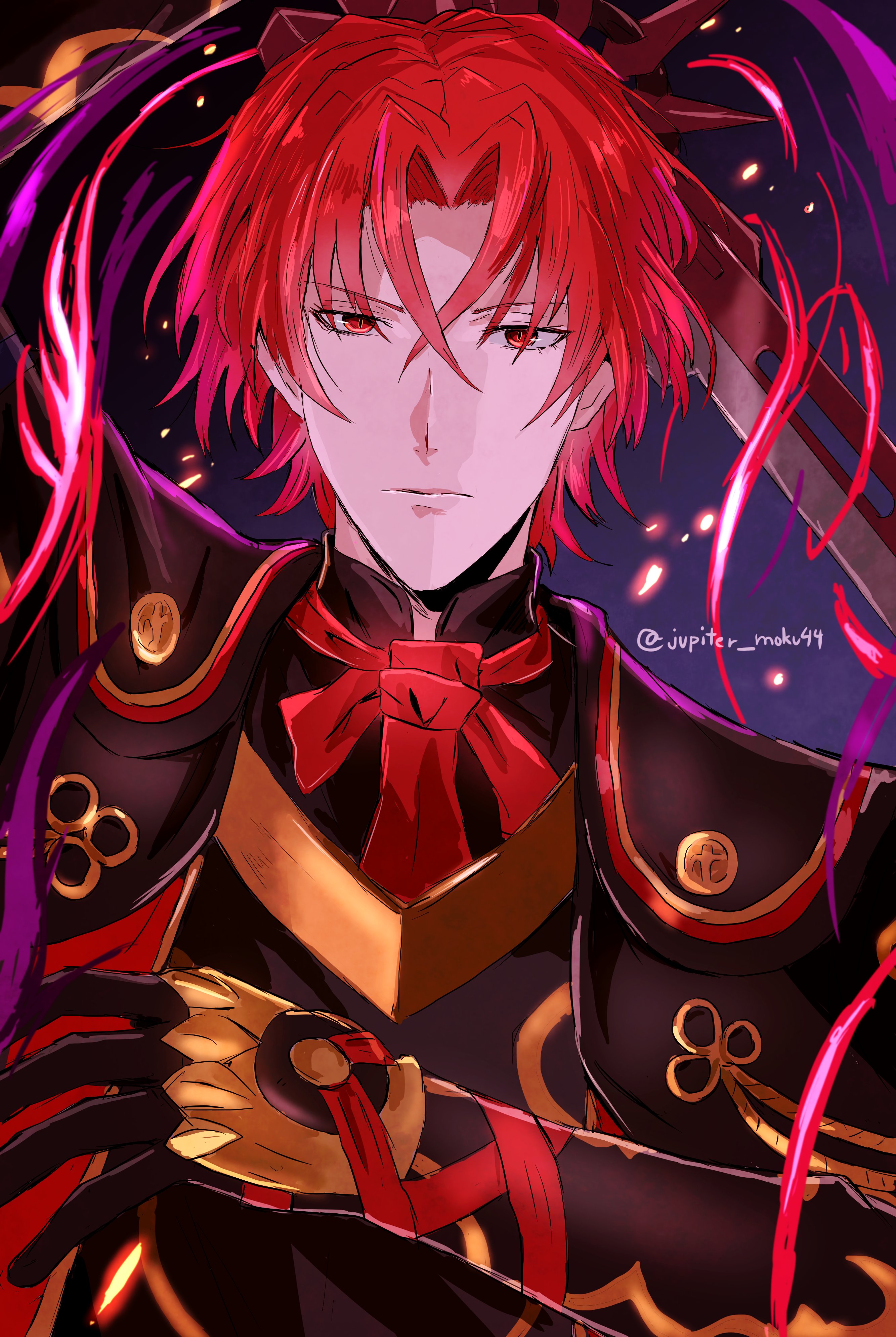 1boy absurdres aura black_gloves crossed_bangs dark_aura dark_persona fire_emblem fire_emblem_engage fire_emblem_heroes gloves hair_between_eyes highres jupiter_(042073) looking_at_viewer male_alear_(fell_dragon)_(fire_emblem) male_alear_(fell_dragon_child)_(fire_emblem) male_alear_(fire_emblem) male_focus nintendo official_alternate_color official_alternate_eye_color official_alternate_hair_color red_aura red_eyes red_hair