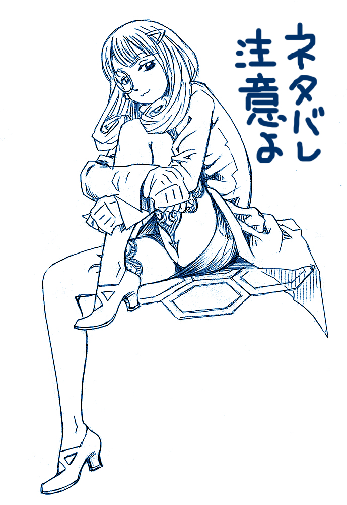 10s 1girl :3 aoki_hagane_no_arpeggio bbb_(friskuser) blue_theme female_focus hair_ornament hairclip high_heels hugging_own_legs hyuuga_(aoki_hagane_no_arpeggio) lab_coat leg_lift long_hair long_sleeves looking_at_viewer monochrome monocle simple_background sitting skirt solo strappy_heels thighhighs translation_request twintails white_background