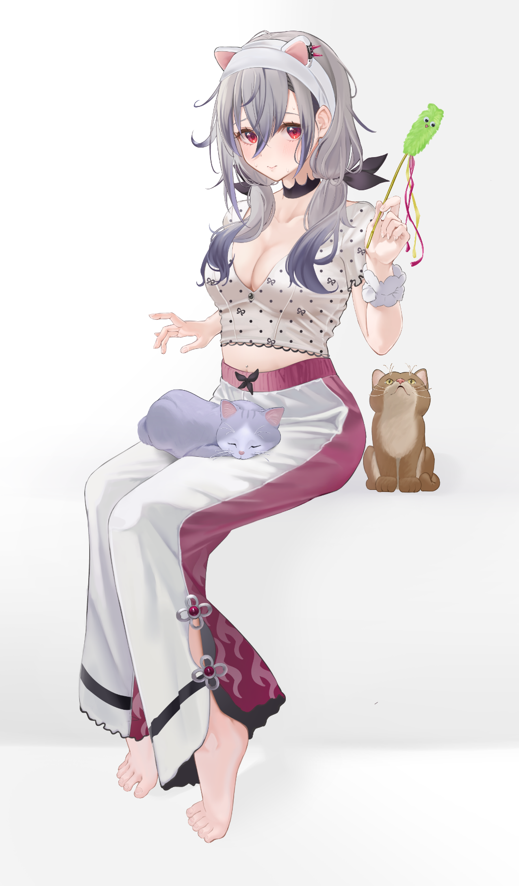 1girl alternate_costume alternate_hairstyle animal animal_ear_hairband animal_ears animal_on_lap barefoot black_bow black_choker blue_hair bow breasts cat cat_ear_hairband cat_ears cat_on_lap choker cleavage closed_mouth commentary_request cropped_shirt crossed_bangs double-parted_bangs fake_animal_ears feet full_body gradient_hair grey_hair hair_between_eyes hair_bow hair_over_shoulder hairband highres holding_cat_teaser hololive hololive_dev_is isaki_riona legs_together long_hair long_hair_between_eyes looking_at_viewer loungewear low_twintails medium_breasts messy_hair midriff multicolored_hair navel_piercing nekoi_(nekoi_0116) on_lap piercing polka_dot polka_dot_shirt red_eyes scrunchie shirt short_sleeves simple_background sitting solo twintails virtual_youtuber white_background white_hairband white_shirt wrist_scrunchie