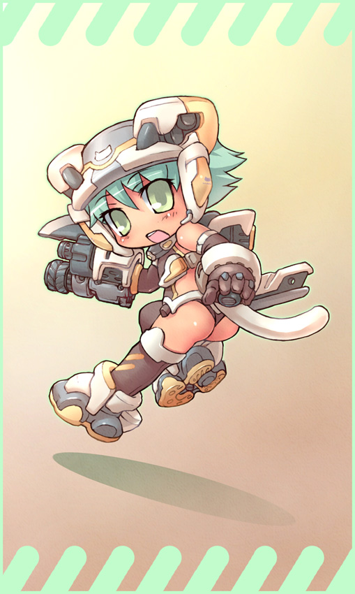 10s 1girl arm_cannon ass busou_shinki female_focus full_body gloves green_eyes green_hair helmet maochao matching_hair/eyes sankuma solo tail thighhighs weapon