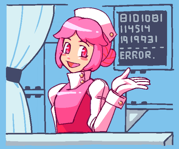 114514_(meme) 1girl blue_background blush_stickers commentary_request copyright_request curtains gloves hair_bun hat looking_at_viewer meme nurse_cap open_mouth pink_eyes pink_hair red_vest shirt short_hair single_hair_bun smile solo ukiwagirl vest white_gloves white_hat white_shirt