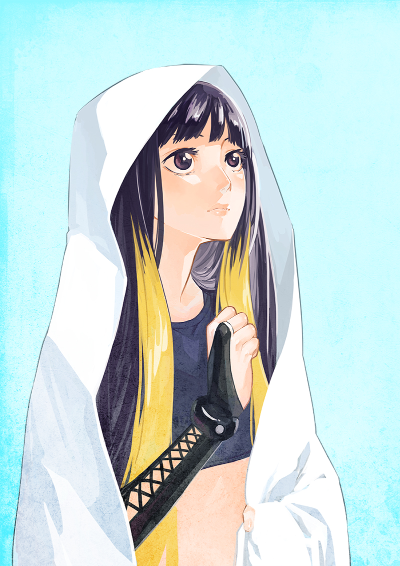 1girl bed_sheet black_eyes black_gloves black_hair black_legwear black_shirt black_tank_top blouse bridal_gauntlets coat eyelashes female_focus gajuumaru gloves kuroyoru_umidori leather leather_gloves long_hair multicolored_hair shirt sidelocks solo streaked_hair tank_top toaru_majutsu_no_index toaru_majutsu_no_index:_new_testament trench_coat two-tone_hair upper_body