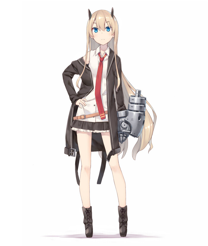 1girl belt blonde_hair blue_eyes boots contrapposto female_focus frilled_skirt frills full_body gauntlets hand_on_own_hip horns jacket lace-up_boots long_hair looking_at_viewer necktie off_shoulder original poco_(asahi_age) power_glove red_necktie shadow shirt simple_background skirt sleeveless solo square-end_necktie standing very_long_hair white_background white_shirt