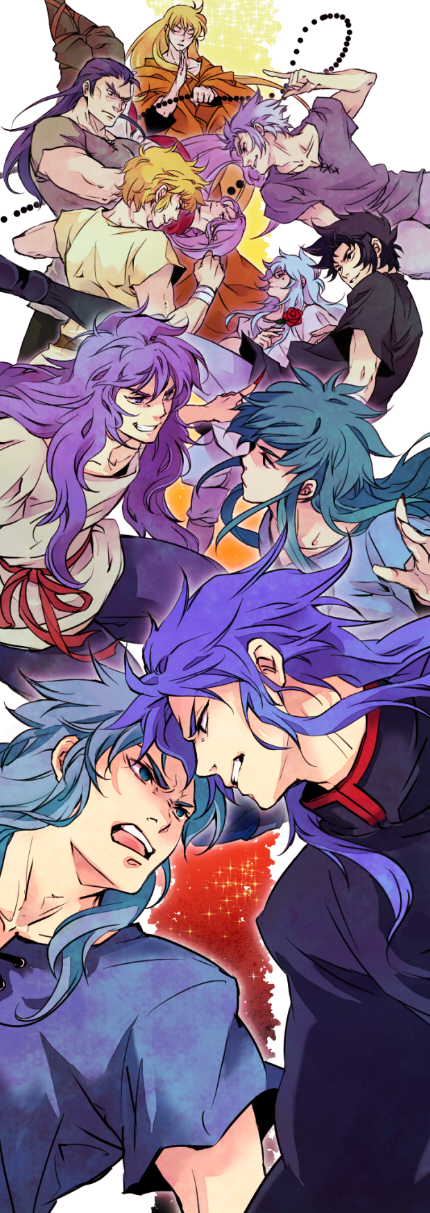 6+boys aquarius_camus aries_muu black_hair blonde_hair blue_eyes blue_hair brazil cancer_death_mask capricorn_shura casual chain clenched_hands clenched_teeth collarbone eye_contact closed_eyes fighting_stance fingernails flower gemini_kanon gemini_saga highres holding k2guui leo_aiolia long_fingernails long_hair looking_at_another male_focus multiple_boys muscular open_mouth pants pisces_aphrodite purple_eyes purple_hair red_ribbon ribbon rivalry rose saint_seiya scorpio_milo shirt short_hair short_sleeves t-shirt taurus_aldebaran teeth very_long_hair virgo_shaka wristband