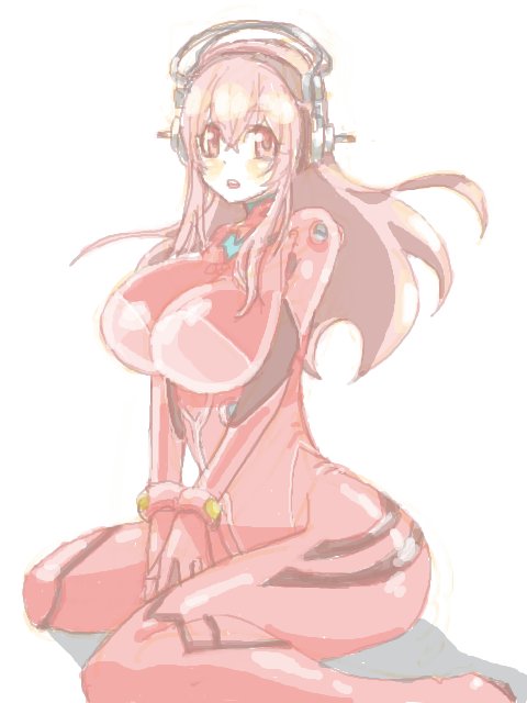 1girl between_legs blush bodysuit breasts cosplay female_focus headphones large_breasts long_hair looking_at_viewer makinami_mari_illustrious makinami_mari_illustrious_(cosplay) mecha_pilot_suit multicolored_bodysuit neon_genesis_evangelion pink_bodysuit pink_eyes pink_hair plugsuit_(evangelion) simple_background sitting skin_tight solo super_sonico tegaki v_arms warai wariza white_background