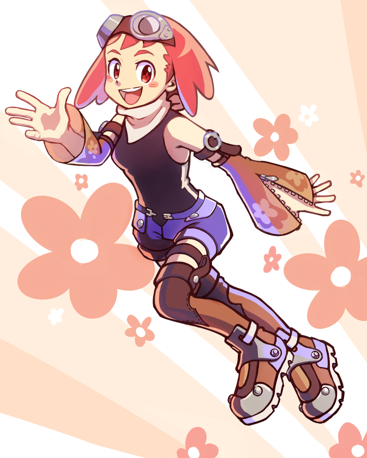 1girl :d aero_(mega_man) black_shirt blue_shorts blush blush_stickers boots brown_boots commentary_request denim denim_shorts detached_sleeves flower goggles goggles_on_head mega_man_(series) mega_man_legends_(series) mega_man_legends_3 open_mouth red_eyes red_hair shirt short_hair shorts skycompass smile solo teeth upper_teeth_only