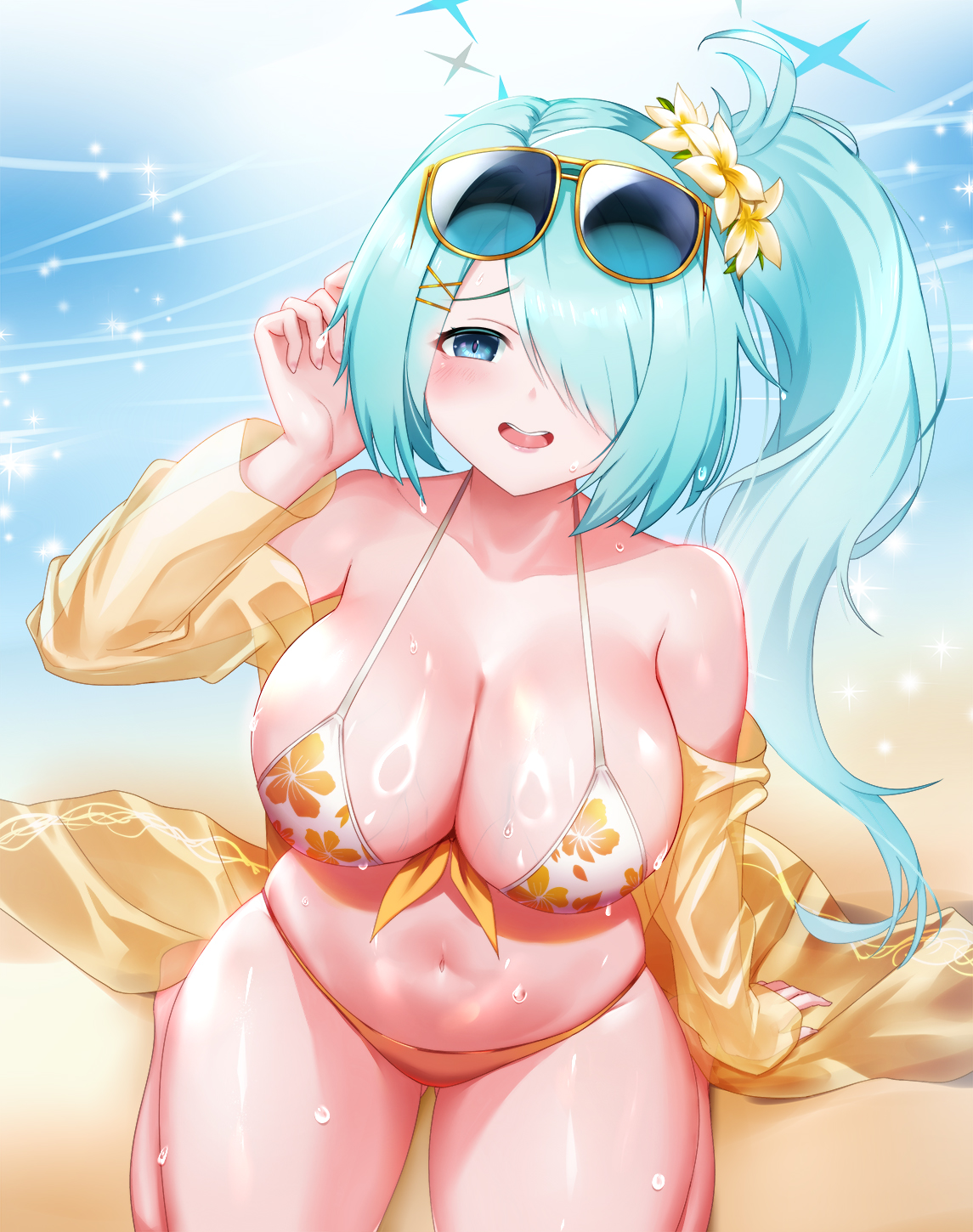 1girl aqua_hair bare_shoulders beach bikini blue_archive blue_eyes blush breasts cardigan commentary_request dtcy eyewear_on_head floral_print front-tie_bikini_top front-tie_top hair_ornament hair_over_one_eye halo hand_up highres hiyori_(blue_archive) hiyori_(swimsuit)_(blue_archive) large_breasts long_hair looking_at_viewer ocean off_shoulder on_ground open_cardigan open_clothes open_mouth orange_bikini shiny_skin side_ponytail sitting solo sunglasses swimsuit teeth thick_thighs thighs upper_teeth_only white_bikini x_hair_ornament yellow_cardigan