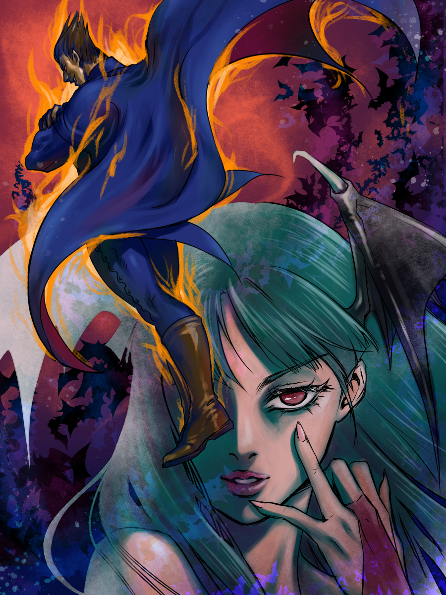 1boy 1girl blunt_bangs boots bridal_gauntlets brown_hair darkstalkers demitri_maximoff green_hair head_wings highres hime_cut long_sleeves looking_at_viewer morrigan_aensland parted_bangs red_eyes rf-yuki smile wings
