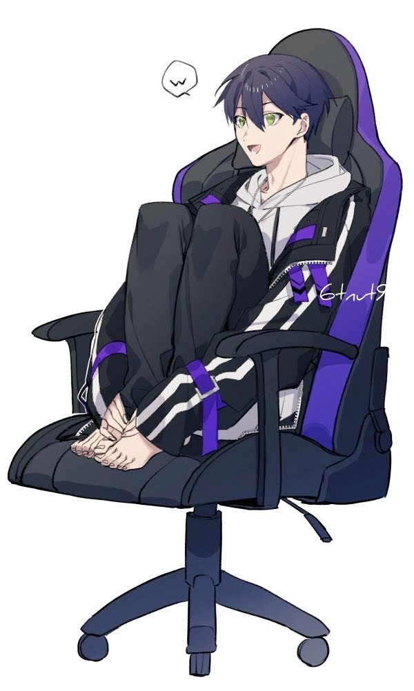 1boy 6tnut9 :d artist_name barefoot black_jacket black_pants chair commentary_request drawstring feet gaming_chair green_eyes hair_between_eyes hood hood_down hoodie jacket jacket_over_hoodie jewelry kenmochi_touya kenmochi_touya_(8th_costume) knees_up long_sleeves male_focus necklace nijisanji on_chair open_clothes open_jacket open_mouth pants purple_hair short_hair simple_background sitting sleeves_past_wrists smile solo speech_bubble swivel_chair toes virtual_youtuber white_background white_hoodie zipper