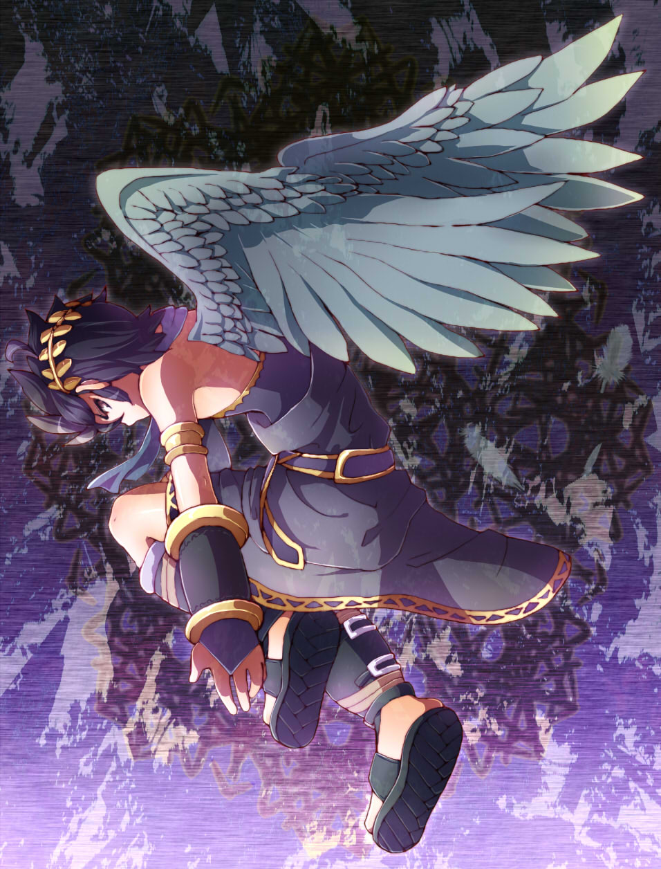 1boy armlet azumi_(tks-sd) belt black_sandals bracer dark_pit feathered_wings fingerless_gloves full_body gloves gold_armlet gradient_background grey_wings highres jewelry kid_icarus kid_icarus_uprising male_focus nintendo purple_belt sandals sidelocks single_bare_shoulder solo spiked_hair wings