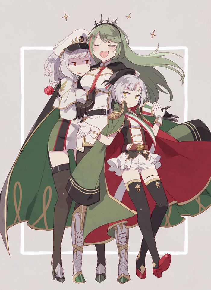 azur_lane beret black_legwear blunt_bangs blush breasts brown_eyes cape closed_mouth coat conte_di_cavour_(azur_lane) dress earrings full_body giulio_cesare_(azur_lane) gloves green_coat green_hair grey_hair hat headgear high_heels jacket jacket_on_shoulders jewelry littorio_(azur_lane) long_hair makino_(727me727) medium_breasts multicolored_hair multiple_girls pantyhose peaked_cap red_eyes red_hair shaded_face short_hair sidelocks small_breasts smile sparkle streaked_hair thighhighs twintails yellow_eyes