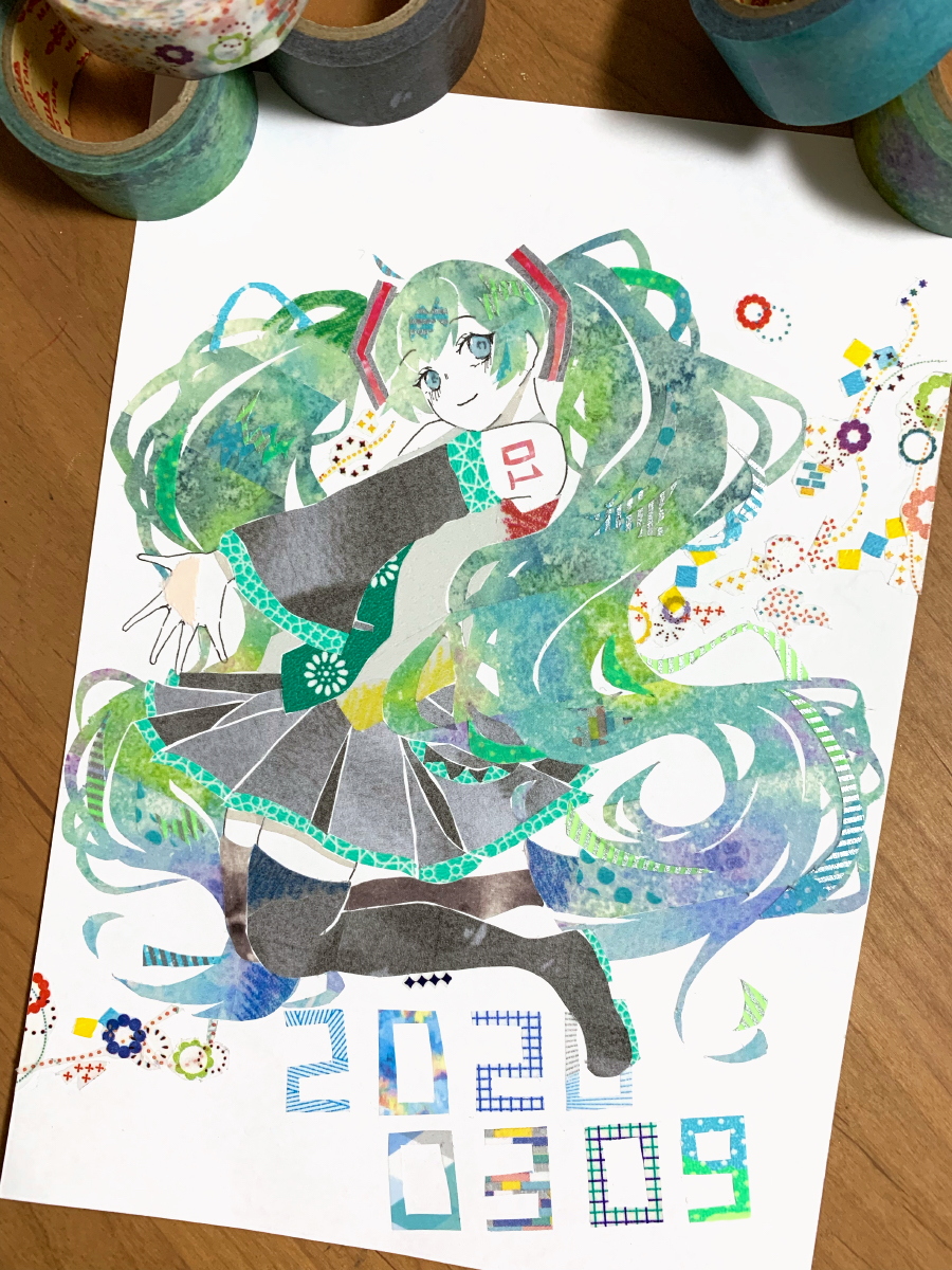 1girl 2020 absurdly_long_hair aqua_eyes aqua_hair art_tools_in_frame bare_shoulders black_boots black_necktie blue_hair blush boots commentary_request dated detached_sleeves from_side full_body green_hair grey_shirt grey_skirt hair_ornament hatsune_miku highres jumping long_hair looking_at_viewer masking_tape_(medium) miku_day miniskirt multicolored_hair necktie photo_(medium) pleated_skirt shirt shoulder_tattoo sideways_glance skirt sleeveless sleeveless_shirt smile solo tattoo thigh_boots thighhighs traditional_media twintails unconventional_media very_long_hair vocaloid yowa_(niboshi) zettai_ryouiki