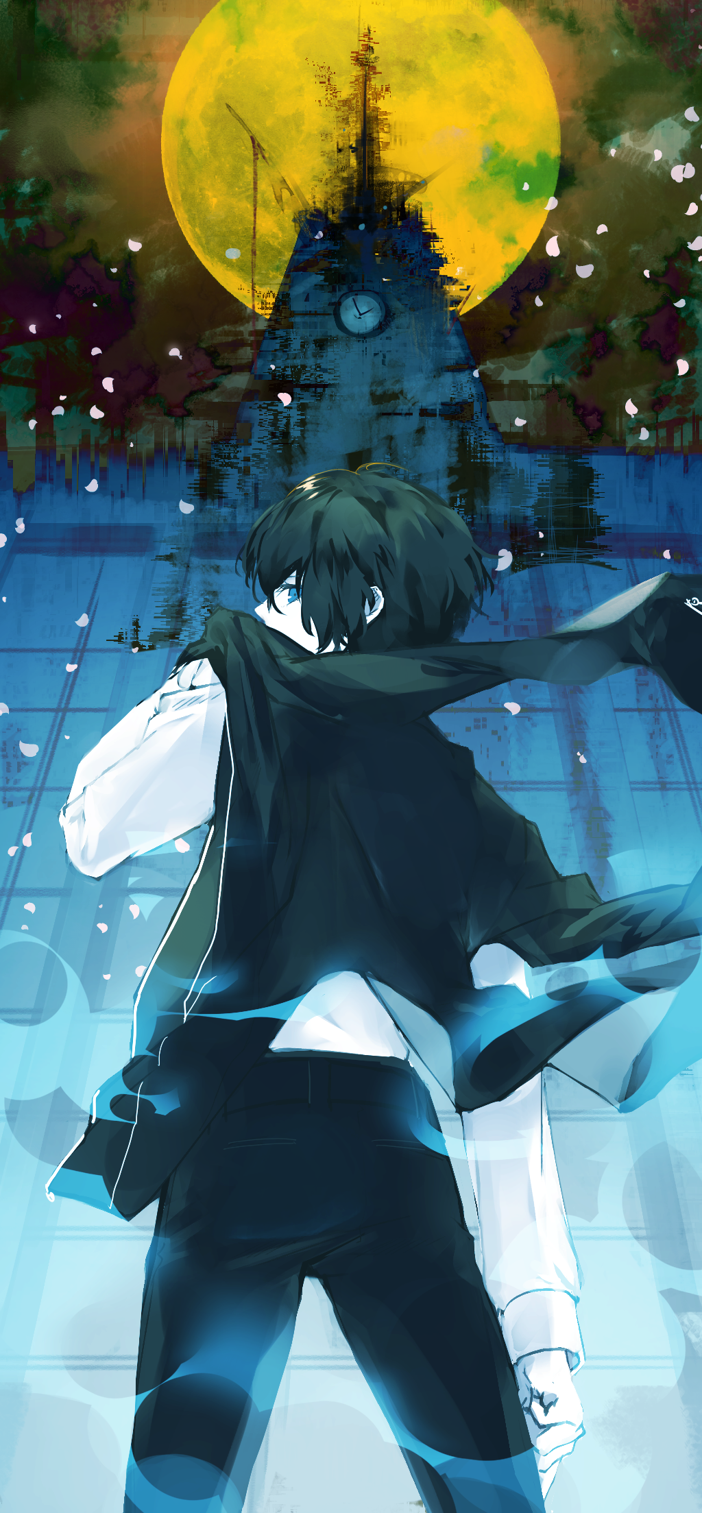 1boy black_hair black_jacket black_pants blue_eyes from_behind full_moon hair_between_eyes highres jacket jacket_on_shoulders long_sleeves looking_at_viewer looking_back lor_(roasyerizyonirapi) male_focus moon pants persona persona_3 profile shirt short_hair solo standing tartarus white_shirt yellow_moon yuuki_makoto_(persona_3)
