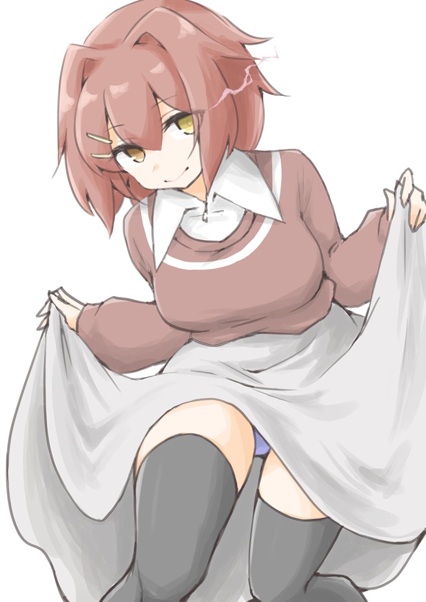 1girl akara_kai black_thighhighs blush breasts brown_eyes brown_hair brown_sweater furutaka_(kancolle) furutaka_(valentine)_(kancolle) glowing glowing_eye grey_skirt hair_ornament hairclip highres kantai_collection lifting_own_clothes looking_at_viewer medium_breasts official_alternate_costume panties purple_panties shirt short_hair skirt smile solo sweater thighhighs underwear white_background yellow_eyes