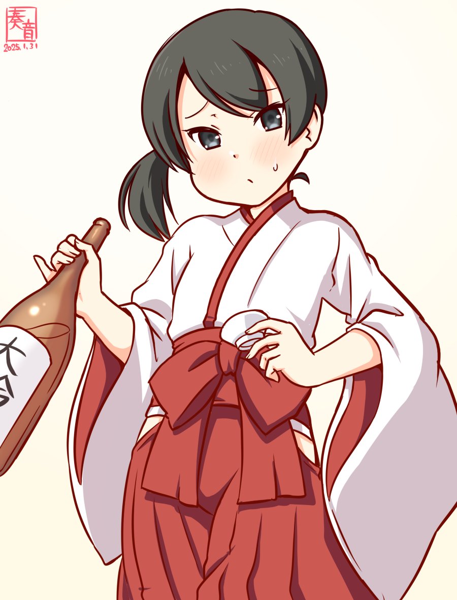 1girl alternate_costume artist_logo black_hair bottle breasts cowboy_shot dated hakama i-41_(kancolle) japanese_clothes kanon_(kurogane_knights) kantai_collection kimono kosode logo medium_breasts miko one-hour_drawing_challenge red_hakama sake_bottle side_ponytail simple_background solo white_background white_kimono wide_sleeves