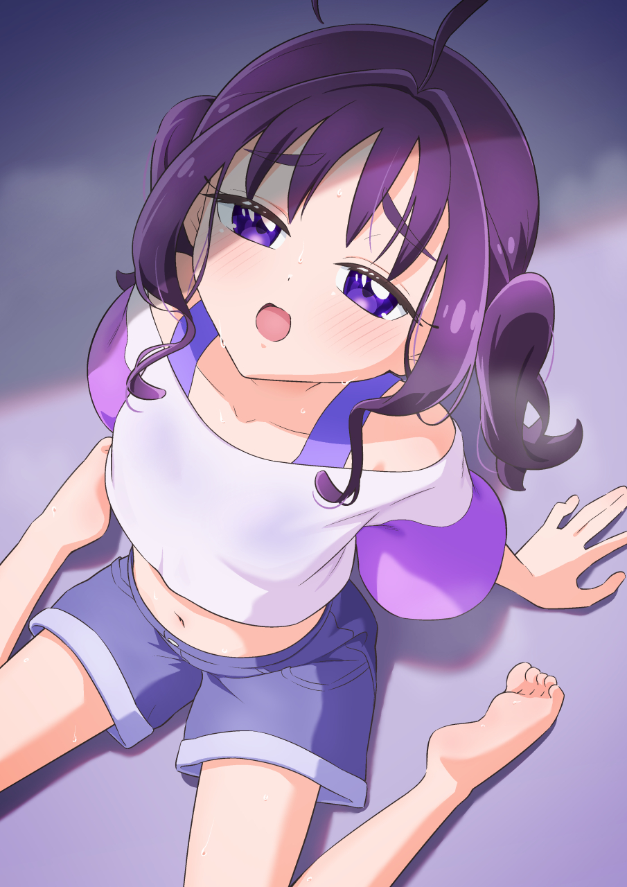1girl :o ahoge arm_support bare_legs bare_shoulders barefoot blush collarbone commentary crack_of_light crop_top feet from_above full_body furrowed_brow hair_intakes half-closed_eyes heat_stroke highres kimi_to_idol_precure looking_at_viewer medium_hair midriff navel on_floor open_mouth precure purple_background purple_eyes purple_hair purple_shirt purple_shorts purple_sports_bra shadow shigure_kokoro shirt short_sleeves shorts sidelighting simple_background sitting soles solo sports_bra sweat sweaty_clothes tiler_(tiler00) toes twintails unkempt very_sweaty wariza wet wet_clothes wet_shirt