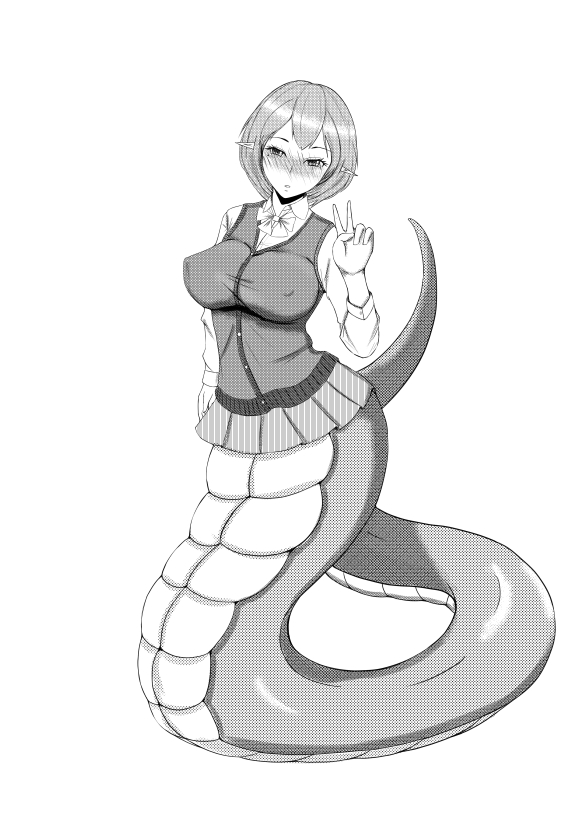 1girl arutoriaru blush breasts covered_erect_nipples female_focus full_body greyscale lamia large_breasts monochrome monster_girl original pointy_ears simple_background skirt solo v vest white_background