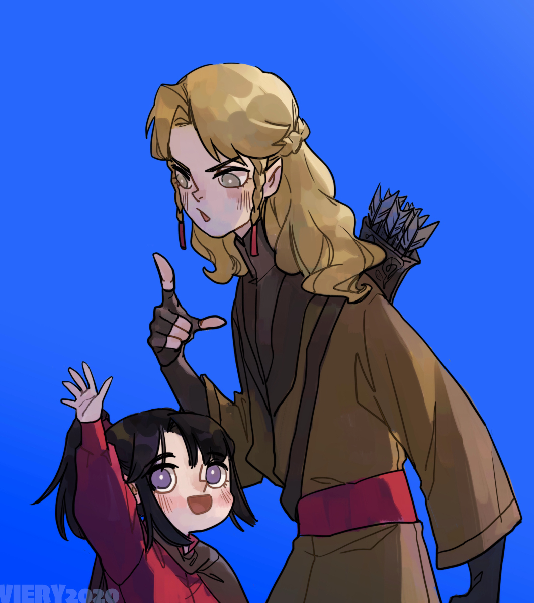 1boy 1other 2020 arm_up artist_name black_hair blonde_hair blue_background braid celegorm collar dated elf eyebrows_hidden_by_hair eyelashes fingerless_gloves gloves grey_eyes hand_up height_difference high_ponytail highres index_finger_raised open_mouth pointy_ears ponytail prince purple_eyes quiver simple_background the_silmarillion tolkien&#039;s_legendarium viery waving wavy_hair
