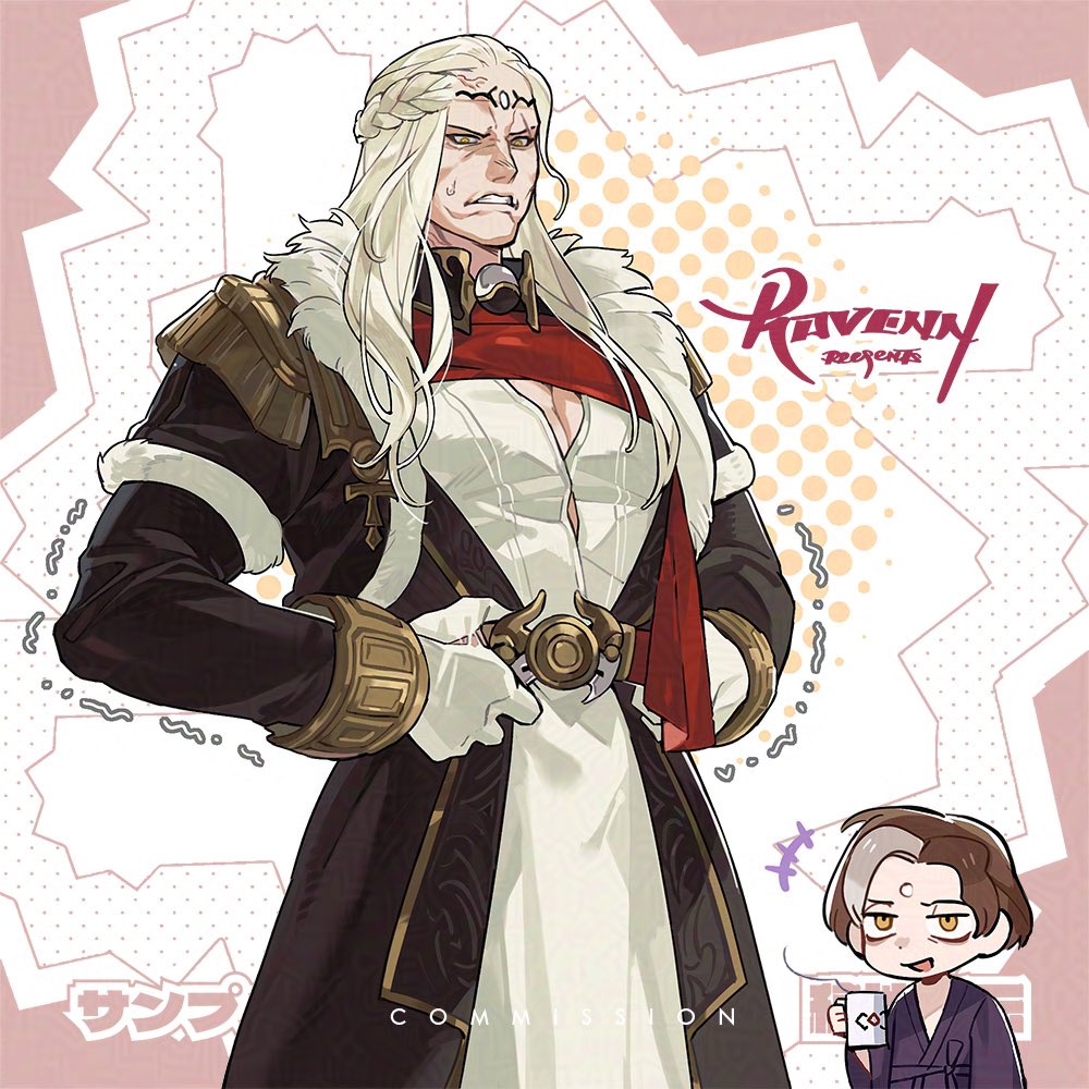 2boys alternate_costume belt black_coat blonde_hair braid circlet clenched_teeth coat emet-selch epaulettes final_fantasy final_fantasy_xiv fur-trimmed_coat fur_trim garlean gloves half_up_braid holding holding_belt long_hair male_focus mature_male multiple_boys solo_focus standing sweat teeth trembling varis_zos_galvus vrainal white_gloves yellow_eyes