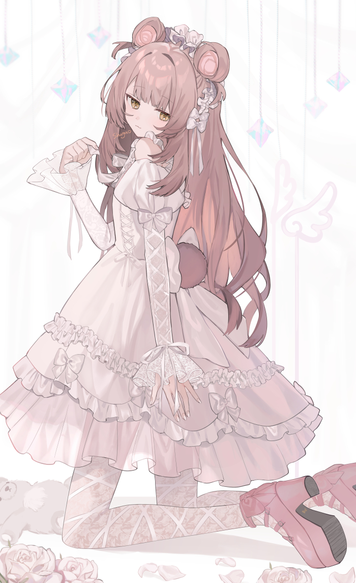 1girl animal_ears bare_shoulders blunt_bangs blush bow brown_eyes brown_hair closed_mouth double_bun dress flower frills from_side hair_bun hair_ornament hair_ribbon hand_up kneeling long_hair looking_at_viewer looking_to_the_side original pink_dress pink_flower pink_rose pink_shoes ribbon rose see-through_clothes see-through_dress shoes shugao solo thighhighs very_long_hair white_ribbon