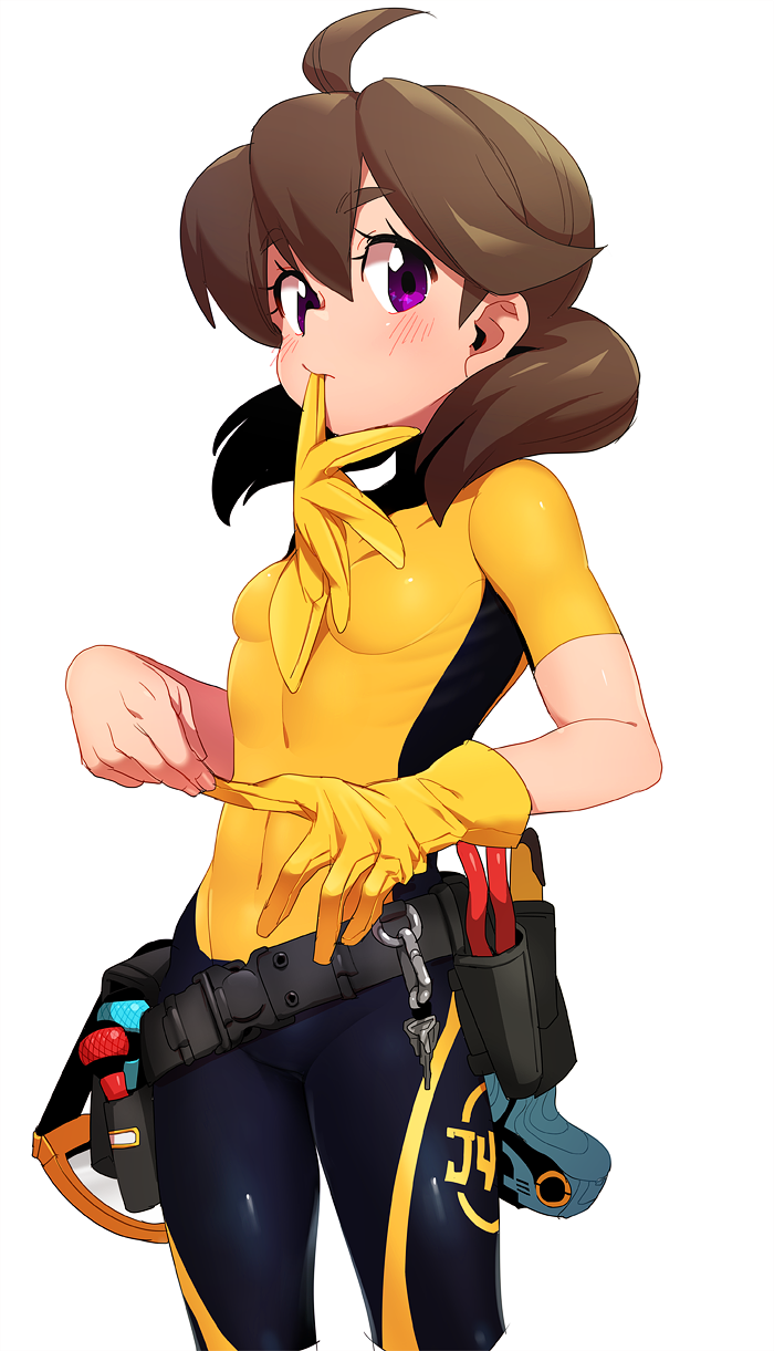 1girl ahoge arms_(game) bodysuit brown_hair clothes_writing cowboy_shot female_focus from_side gloves hair_between_eyes highres looking_at_viewer mechanica_(arms) nekobayashi_(nekoforest) parted_bangs purple_eyes short_hair simple_background skin_tight solo standing white_background