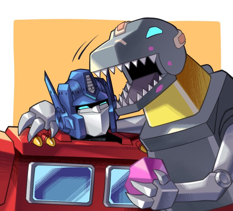 blue_eyes dinosaur energon fingernails grimlock hand_on_another&#039;s_shoulder helmet humanoid_robot lantana0_0 machine mask mecha mouth_mask no_humans non-humanoid_robot optimus_prime robot robot_animal science_fiction sharp_fingernails sharp_teeth teeth transformers transformers:_generation_1 tyrannosaurus_rex