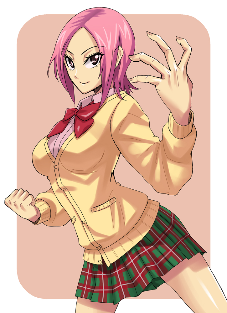 10s 1girl binbougami_ga! cardigan clenched_hand female_focus fighting_stance gogochi pink_hair plaid_clothes plaid_skirt rindou_ranmaru school_uniform short_hair skirt solo
