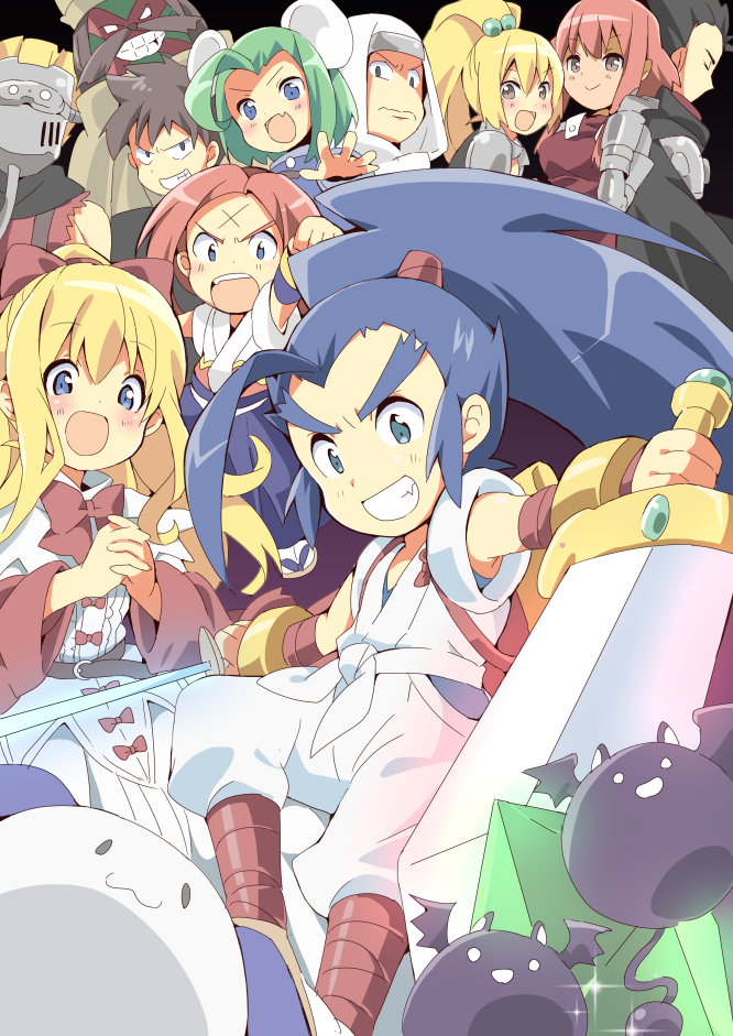 1boy 1girl big_hair blonde_hair blue_hair brandy_(musashiden) brave_fencer_musashiden breasts commentary_request dress dual_wielding gloves hair_ribbon holding japanese_clothes liquor_(musashiden) long_hair miyamoto_musashi monster multiple_boys multiple_girls neneko-n princess_fillet ribbon sandals sasaki_kojirou short_hair smile sword topo_(musashiden) weapon