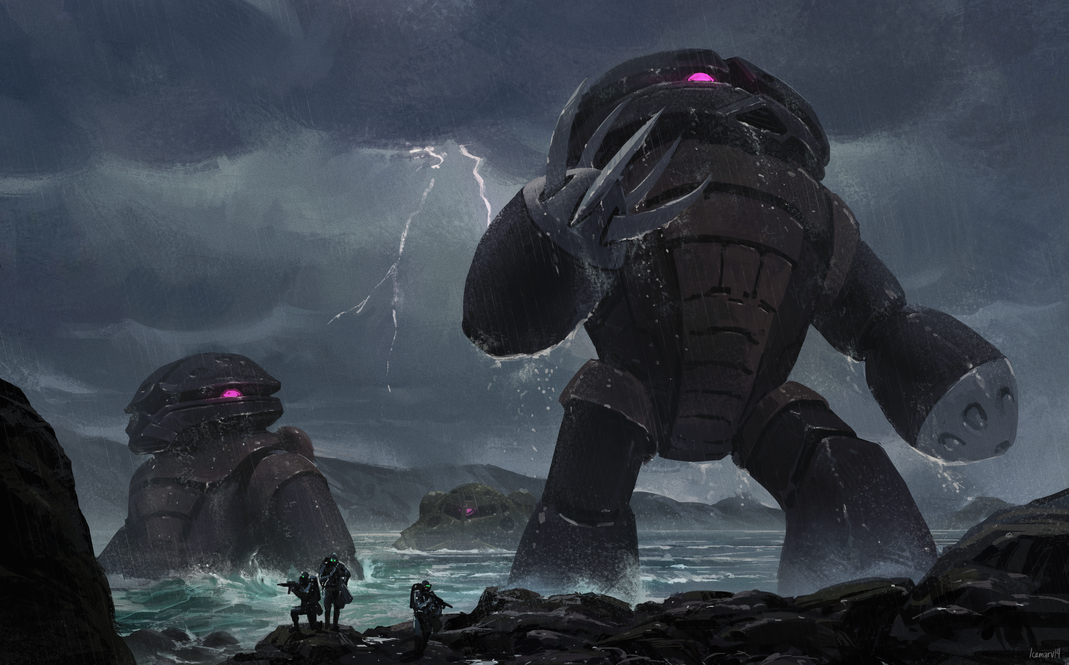 3boys absurdres acguy artist_name claws commentary english_commentary gundam highres icemarv14 legs_apart lightning mecha mecha_focus mobile_suit mobile_suit_gundam mountain multiple_boys ocean one-eyed outdoors overcast partially_submerged purple_eyes rain realistic robot science_fiction sky standing wading water z&#039;gok zeon