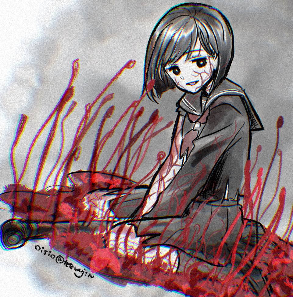 1girl black_hair commentary_request flower holding holding_lead_pipe horror_(theme) lead_pipe limited_palette medium_hair neckerchief oisiso red_neckerchief sailor_collar sailor_shirt shimizu_hinako shirt silent_hill_(series) silent_hill_f sitting skirt smile solo spider_lily torn_clothes
