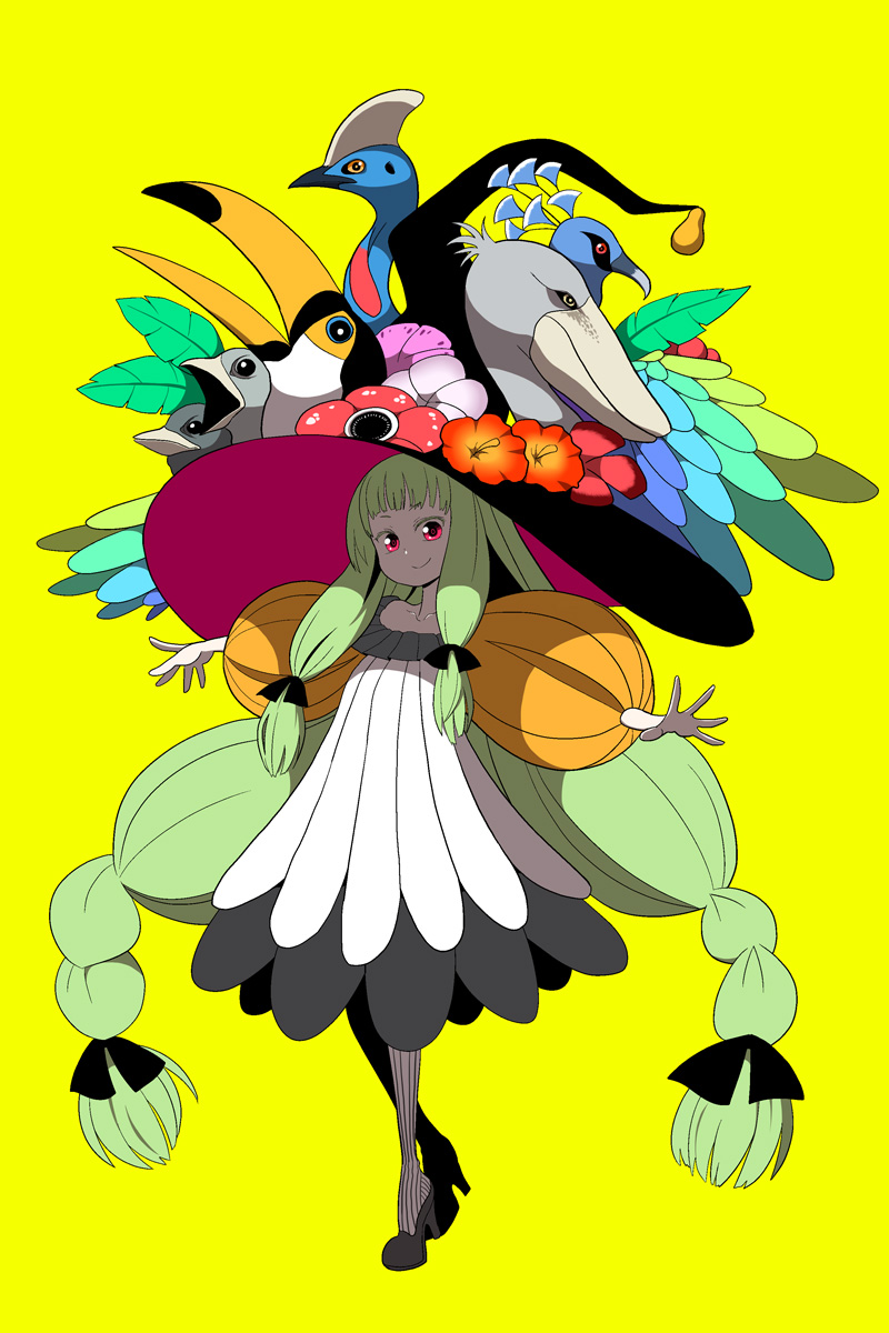 1girl animal animal_on_head bird bird_on_head black_hat braid cassowary commentary_request dress duplicate flower green_hair hair_ribbon hat hat_flower hibiscus high_heels highres ken_(koala) long_hair on_head original outstretched_arms pantyhose peacock photoshop_(medium) puffy_sleeves rafflesia_(flower) red_eyes ribbon shoebill sidelocks simple_background smile southern_cassowary toucan twin_braids very_long_hair wattle witch_hat yellow_background