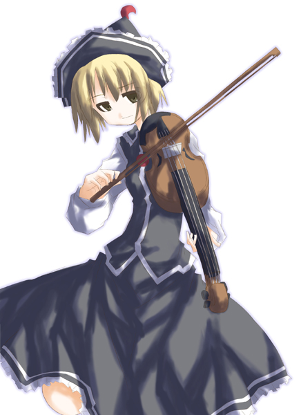 1girl black_hat black_shirt black_skirt blonde_hair crescent frilled_hat frilled_shirt_collar frilled_skirt frills hat instrument long_skirt long_sleeves lunasa_prismriver photoshop_(medium) sakuraba_yuuki shirt short_hair simple_background skirt solo touhou violin white_background yellow_eyes
