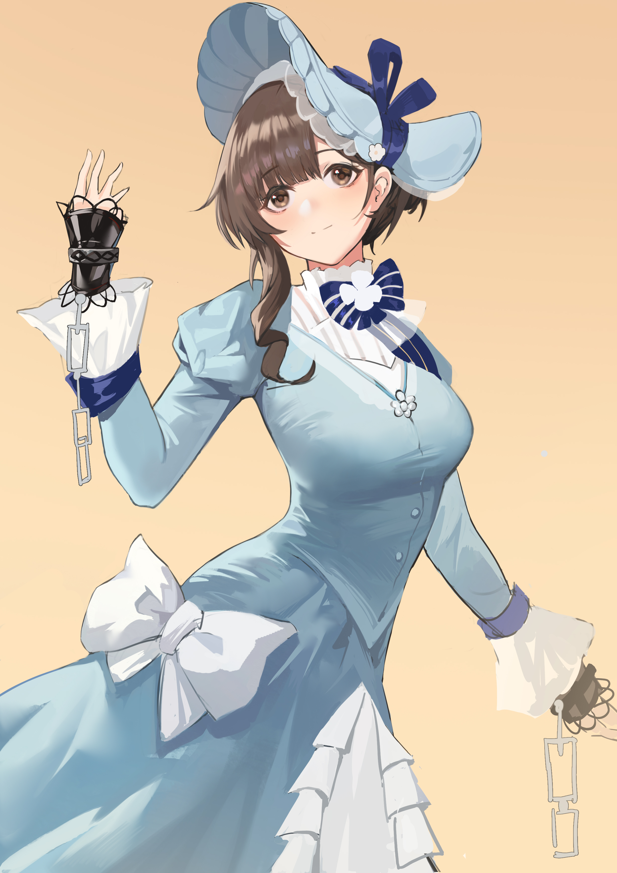 1girl absurdres blue_bow blue_dress blue_hat bonnet bow breasts broken broken_chain brown_eyes brown_hair chain cowboy_shot cuffs dress dress_bow gown hand_up hat hat_bow highres juliet_sleeves large_breasts linketo long_dress long_sleeves looking_at_viewer official_alternate_costume puffy_sleeves reverse:1999 satsuki_(reverse:1999) short_hair single_sidelock smile solo white_bow yellow_background