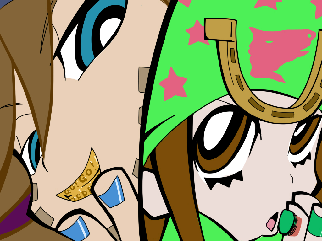 2boys blue_eyes brown_hair green_eyes gyro_zeppeli hat johnny_joestar jojo_no_kimyou_na_bouken male_focus multiple_boys nail_polish panty_&amp;_stocking_with_garterbelt parody steel_ball_run style_parody ukihashi