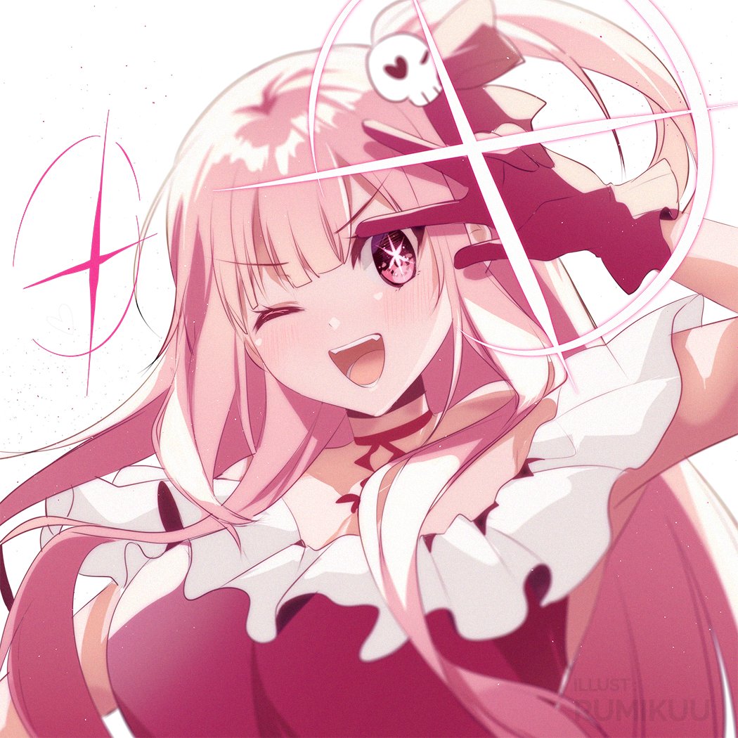 1girl artist_name blush breasts choker cosplay dress gloves hair_ornament hololive hololive_english hoshino_ai hoshino_ai&#039;s_pose hoshino_ai_(oshi_no_ko)_(cosplay) k-rumi large_breasts long_hair looking_at_viewer mori_calliope one_eye_closed open_mouth oshi_no_ko pink_dress pink_eyes pink_gloves pink_hair side_ponytail skull_hair_ornament star-shaped_pupils star_(symbol) symbol-shaped_pupils v v-shaped_eyebrows virtual_youtuber white_background