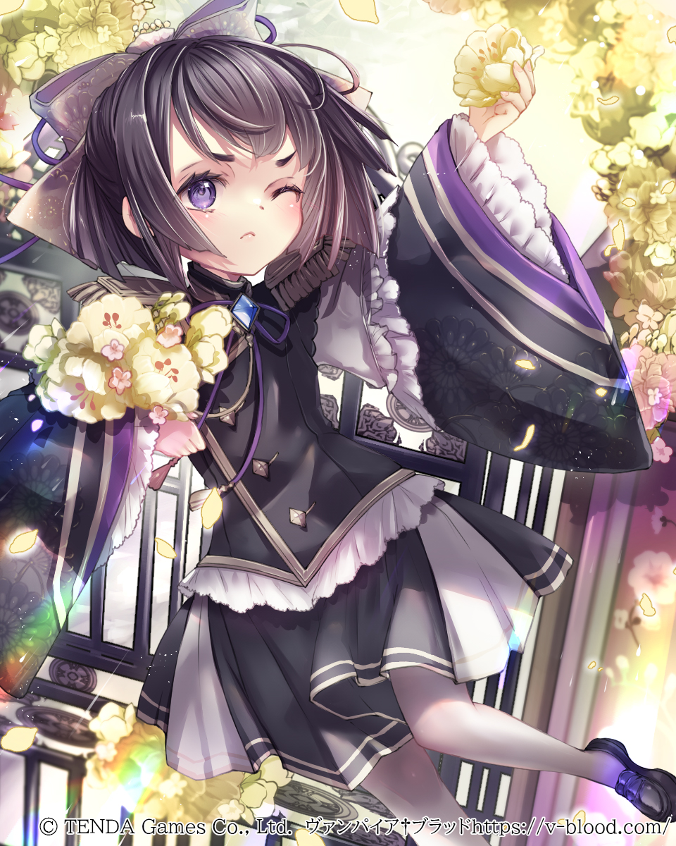 1girl black_hair black_shirt black_shoes black_skirt blush bow chizuru_misen closed_mouth commentary_request copyright_name copyright_notice dated epaulettes flower foot_out_of_frame frown gate hair_bow hane_segawa highres holding holding_flower loafers long_sleeves official_art one_eye_closed outdoors pantyhose purple_bow purple_eyes shirt shoes skirt solo two-tone_skirt vampire_blood white_pantyhose white_skirt wide_sleeves yellow_flower