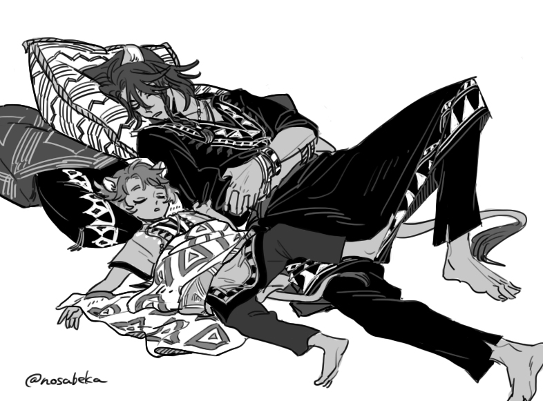 2boys animal_ears barefoot blanket bracelet braid cheka_kingscholar child clothes_grab crossed_arms curtained_hair dark-skinned_male dark_skin full_body greyscale jewelry knee_up leg_on_another&#039;s_leg leona_kingscholar lion_boy lion_ears lion_tail long_hair long_shirt lying male_focus monochrome multiple_boys multiple_bracelets on_back pants parted_hair pillow rokonte short_hair signature simple_background sleeping tail twisted_wonderland uncle_and_nephew