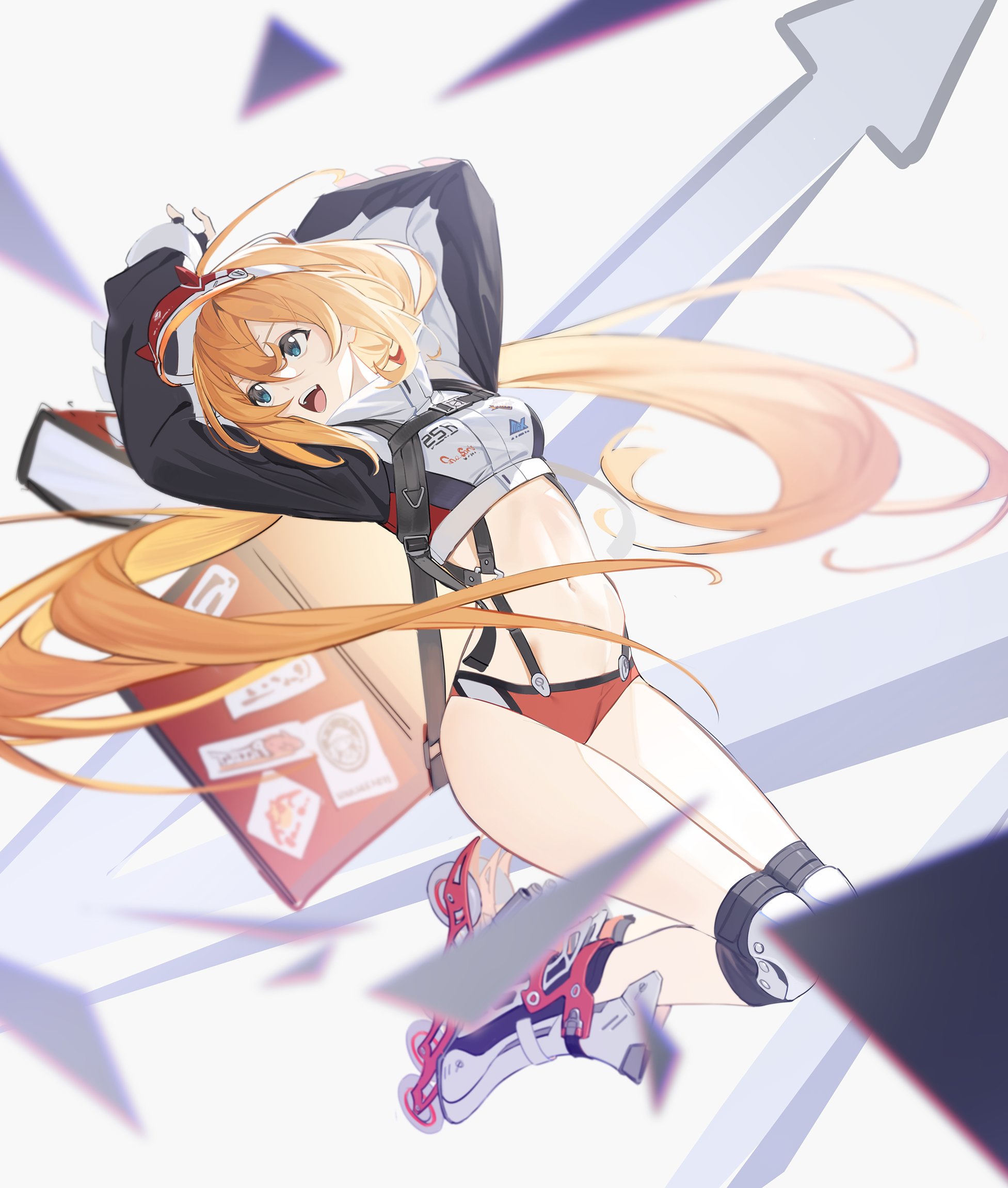 1girl :d arms_behind_head arms_up arrow_(symbol) backpack bag black_gloves blonde_hair blue_eyes blurry brand_name_imitation breasts buckle buruma chest_strap commentary_request controlline3 counter:side crop_top cropped_jacket depth_of_field fake_horns fingerless_gloves floating floating_hair full_body gloves hair_between_eyes hair_spread_out hairband high_collar highres horned_headwear horns inline_skates jacket knee_pads korean_commentary lara_jaeger leaning_back legs_together logo long_hair long_sleeves looking_away looking_to_the_side low_twintails navel open_bag open_mouth pizza_hut red_bull red_buruma revealing_clothes roller_skates sidelighting skates smile starbucks sticker stomach suspenders thighs triangle triangle_ring twintails v-shaped_eyebrows white_jacket