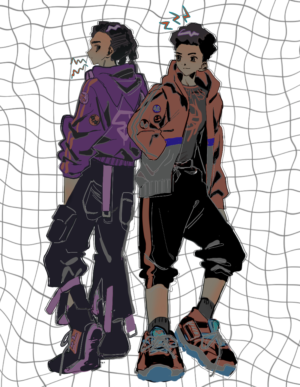 2boys black_hair black_sclera brown_eyes cargo_pants colored_sclera commentary_request dark-skinned_male dark_skin dual_persona full_body grid_background hand_in_pocket highres jacket looking_at_another male_focus marvel miles_g._morales miles_morales multiple_boys pants purple_jacket red_jacket shoes short_hair sneakers spider-man:_across_the_spider-verse spider-man_(series) spider-verse standing tami_tome_mo very_short_hair white_background