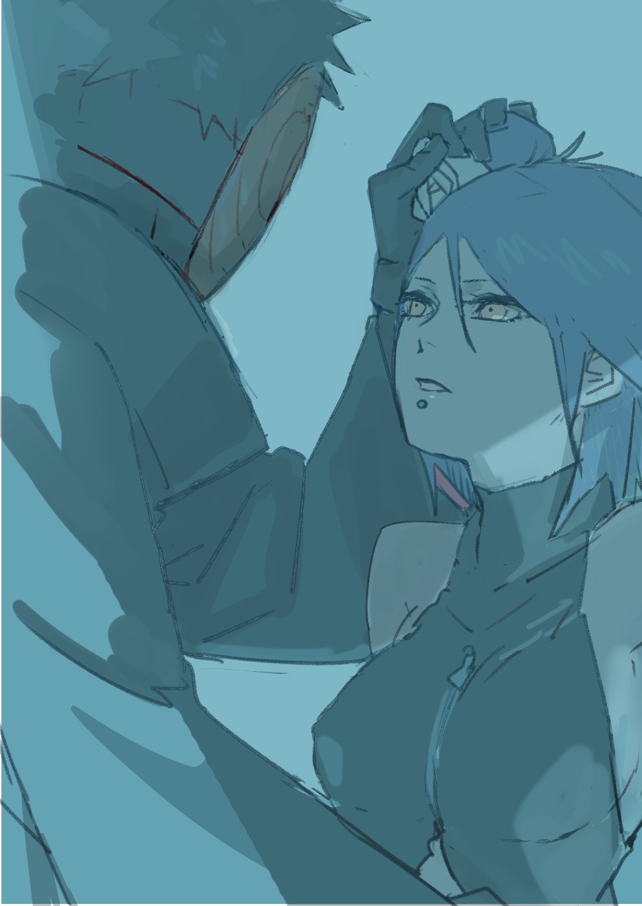 1boy 1girl akatsuki_(naruto) akatsuki_uniform bare_shoulders black_hair breasts clothing_cutout dress face_piercing flower gloves hair_flower hair_ornament hand_on_another&#039;s_head highres konan_(naruto) lip_piercing looking_at_another mask meitarou naruto_(series) naruto_shippuuden navel_cutout orange_eyes parted_lips piercing purple_hair short_hair sideboob sleeveless tobi_(naruto) uchiha_obito zipper_pull_tab