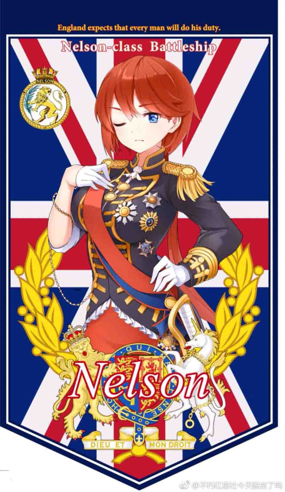 1girl blue_eyes buxiuhongxingshe_jintiantuopinlema copyright_name english_flag english_text epaulettes flag_background gloves hand_on_own_hip highres looking_at_viewer medal military military_uniform nelson_(warship_girls_r) one_eye_closed red_hair short_hair solo sword union_jack warship_girls_r watermark weapon weibo_watermark white_gloves