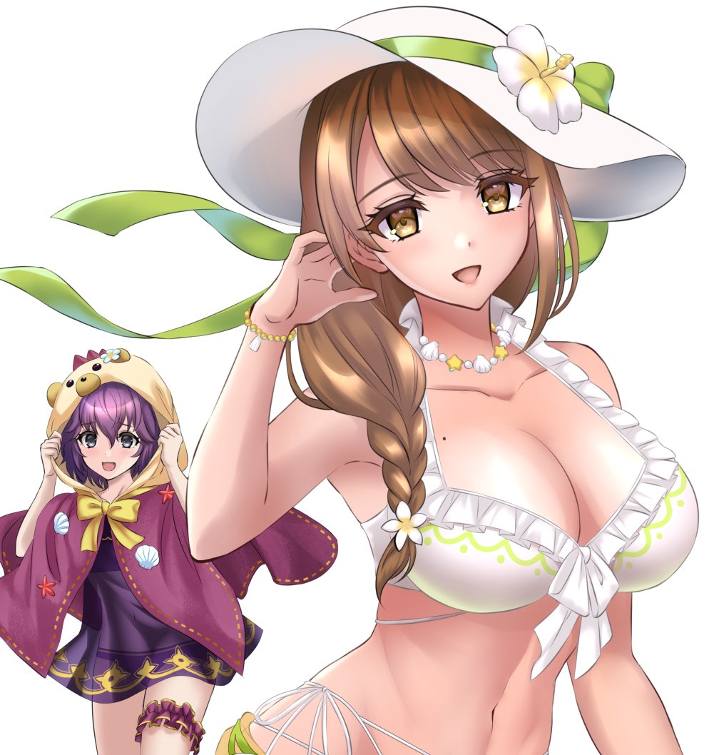 2girls :d animal_hood bare_shoulders bear_hood bernadetta_von_varley bernadetta_von_varley_(summer) bikini bow braid braided_ponytail breasts brown_eyes brown_hair cleavage cloak fire_emblem fire_emblem:_three_houses fire_emblem_engage fire_emblem_heroes goldmary_(fire_emblem) hat hood hooded_cloak kakiko210 large_breasts long_hair looking_at_viewer mole mole_on_breast multiple_girls navel nintendo official_alternate_costume open_mouth purple_bikini purple_hair see-through_clothes side_ponytail smile stomach swimsuit thighs upper_body white_bikini white_hat yellow_bow