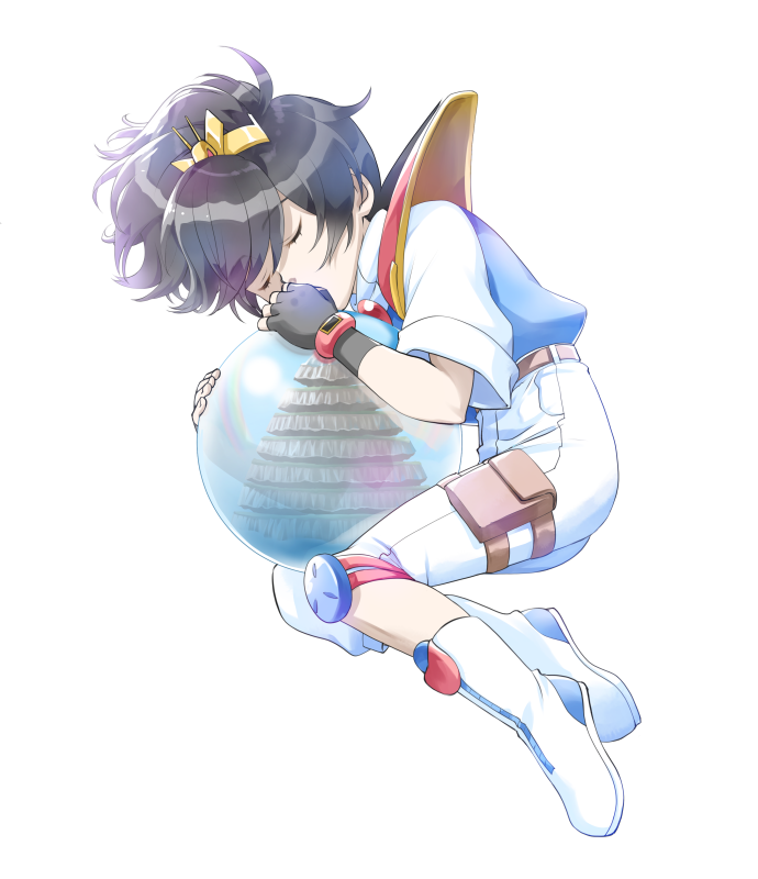 1boy black_gloves black_hair boots chigayasan closed_eyes eyelashes fingerless_gloves full_body gloves hugging_object ikusabe_wataru male_focus mashin_eiyuuden_wataru shirt short_hair short_sleeves shorts simple_background solo white_background white_boots white_shirt white_shorts