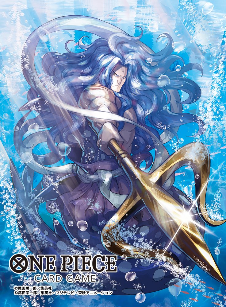 1boy blue_hair blue_theme bubble closed_mouth commentary_request copyright_name fish fish_boy fukaboshi glint hagoromo holding holding_polearm holding_weapon long_hair looking_at_viewer male_focus moreshan official_art one_piece one_piece_card_game polearm shawl trident underwater weapon