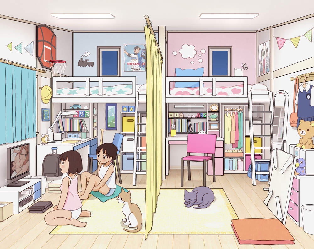 1boy 1girl absurdly_detailed_composition blue_male_underwear breasts brother_and_sister brown_hair camisole carpet cat chabudai_(table) chair completely_nude curtains desk female_pubic_hair fixed-point_camera indoors kiyo_(kyokyo1220) korilakkuma loaded_interior loft_bed male_underwear mirror nipples nude on_floor ootani_shouhei original panties pink_camisole pornography poster_(object) pubic_hair reflection rilakkuma san-x shirt short_hair siblings sitting small_breasts smile stuffed_animal stuffed_toy table teddy_bear television time_lapse tissue_box towel underwear watching_television white_panties white_shirt window