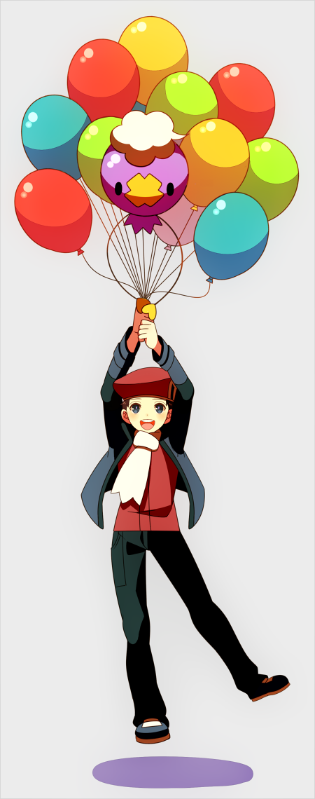 1boy arms_up balloon black_hair black_pants black_shoes blue_jacket drifloon floating full_body game_freak gen_4_pokemon grey_background hat himari_g_(sr) jacket looking_at_viewer lucas_(pokemon) male_focus nintendo pants pokemon pokemon_(creature) pokemon_dppt pokemon_platinum red_hat red_shirt scarf shirt shoes simple_background white_scarf