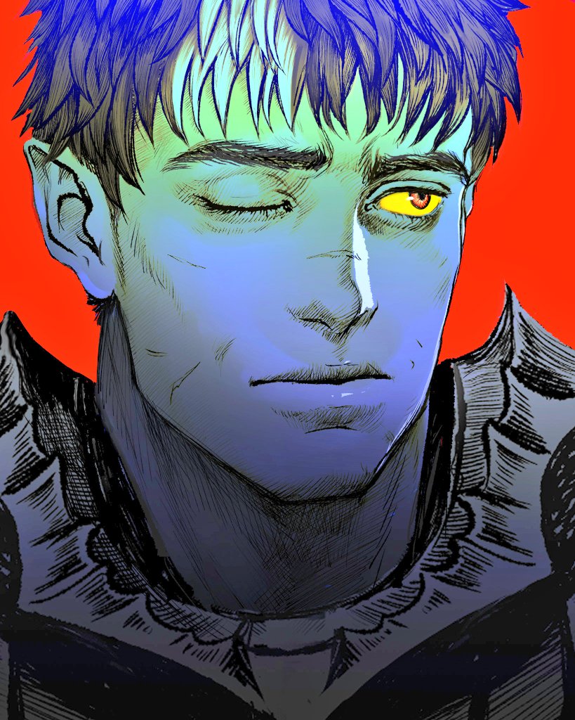 1boy armor berserk commentary guts_(berserk) male_focus multicolored_hair nisino2222 one_eye_closed portrait red_eyes scar scar_on_face scar_on_nose solo streaked_hair two-tone_hair