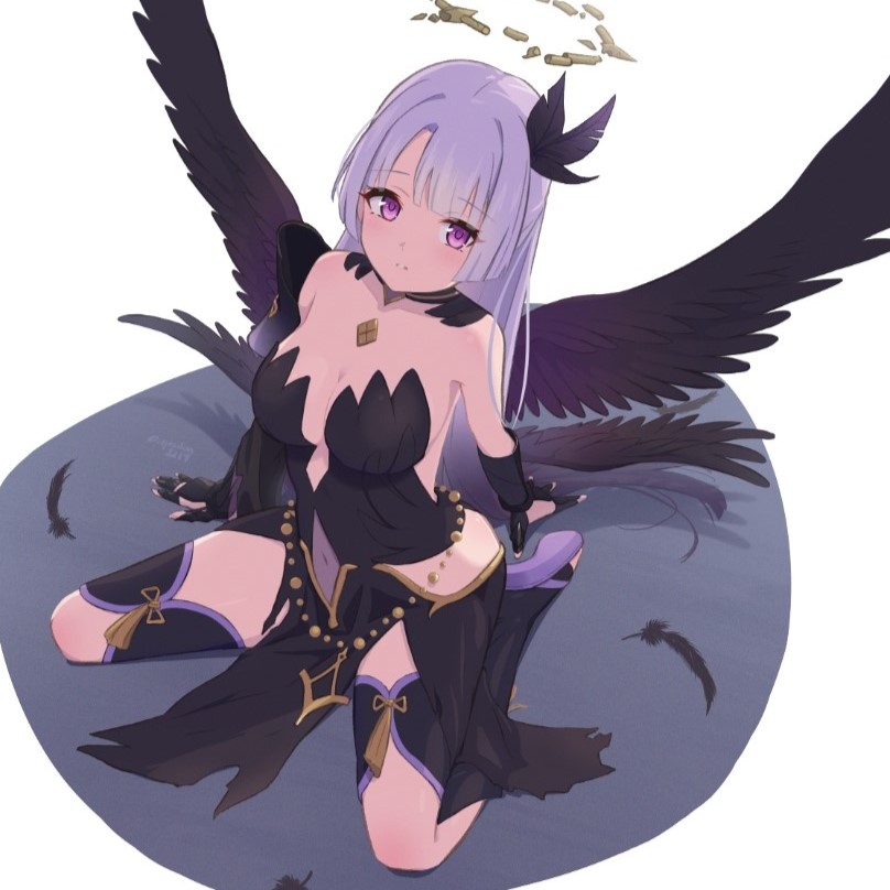 1girl black_feathers black_wings breasts broken_halo dress feather_hair_ornament feathered_wings feathers from_above full_body hair_ornament halo large_breasts lily_(fallen)_(princess_connect!) lily_(princess_connect!) long_hair looking_at_viewer multiple_wings princess_connect! purple_eyes purple_hair simple_background sitting solo strapless strapless_dress upsilon3219 very_long_hair wariza wings
